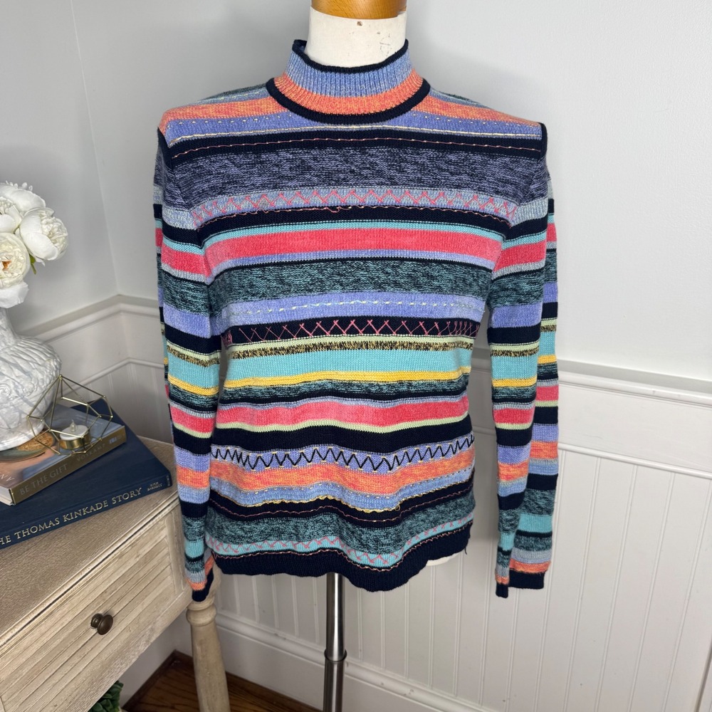 Koret Petites Vintage Mock Neck Striped Sweater Multi-Color Metallic Size M